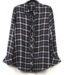 Peruvian Connection Ruffled Button Front Plaid Shirt Top Size M